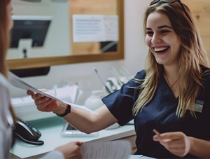 Dental team member assisting patient at front desk